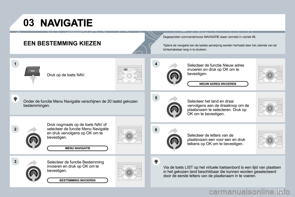 Peugeot 308 CC 2009  Handleiding (in Dutch) 169
NAV
�0�3
�1
�2
3
�6
�5
�4
  EEN BESTEMMING KIEZEN 
 Druk nogmaals op de toets NAV of selecteer de functie Menu Navigatie en druk vervolgens op OK om te bevestigen. 
 Selecteer de functie Bestemmin