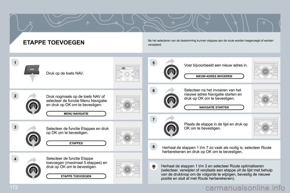 Peugeot 308 CC 2009  Handleiding (in Dutch) 172
NAV
�5
�6
�7
�1
�2
3
�4
�8
� � �E�T�A�P�P�E� �T�O�E�V�O�E�G�E�N� 
 Voer bijvoorbeeld een nieuw adres in. 
 Selecteer na het invoeren van het nieuwe adres Navigatie starten en druk op OK om te beve