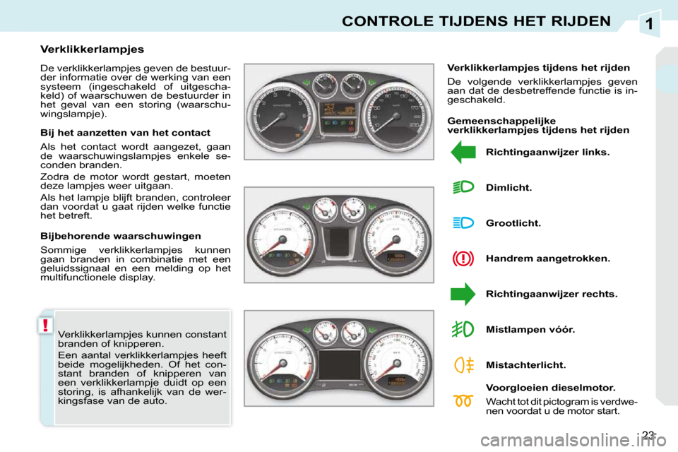 Peugeot 308 CC 2009  Handleiding (in Dutch) 1
!
23
CONTROLE TIJDENS HET RIJDEN
 Verklikkerlampjes kunnen constant  
branden of knipperen.  
 Een  aantal  verklikkerlampjes  heeft  
beide  mogelijkheden.  Of  het  con-
stant  branden  of  knippe