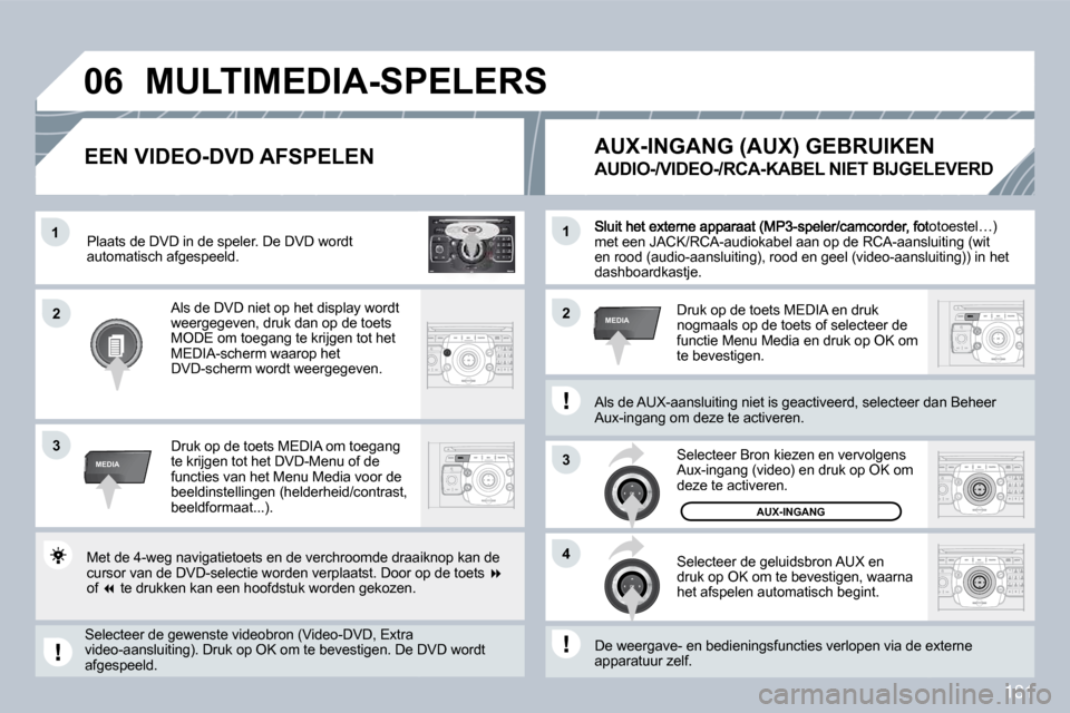 Peugeot 308 CC 2009  Handleiding (in Dutch) 181
2
ABC 3
DEF
5
JKL
4
GHI 6
MNO
8
TUV
7
PQRS 9
WXYZ
0
* #
1
RADIO MEDIA
NAV ESC TRAFFIC
SETUP
ADDR BOOK�1
3
�4
�0�6
�2�2
3
MEDIA
�1
MEDIA
r, fototoestel…) met een JACK/RCA-audiokabel aan op de RCA