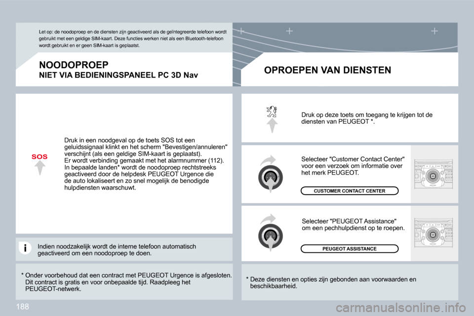 Peugeot 308 CC 2009  Handleiding (in Dutch) 188
SOS
  *    Onder voorbehoud dat een contract met PEUGEOT Urgence is afgesloten. Dit contract is gratis en voor onbepaalde tijd. Raadpleeg het PEUGEOT-netwerk.  
  NOODOPROEP  
�N�I�E�T� �V�I�A� �B