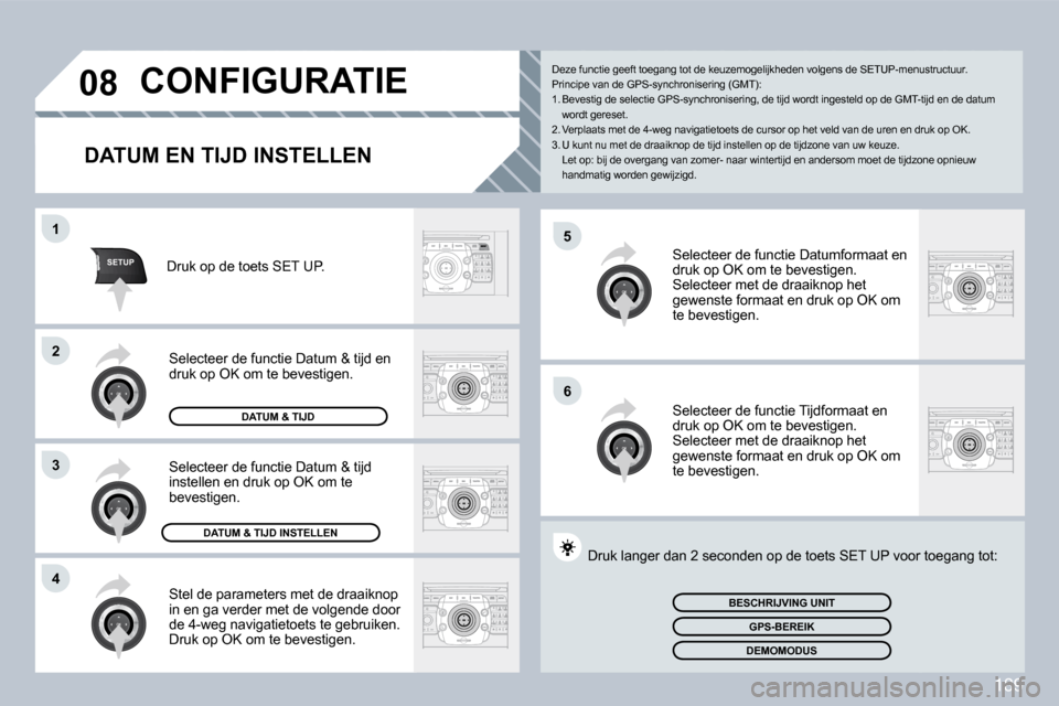 Peugeot 308 CC 2009  Handleiding (in Dutch) 189
�5
�6
SETUP
�1
�2
3
�4
�0�8           CONFIGURATIE 
� � �D�A�T�U�M� �E�N� �T�I�J�D� �I�N�S�T�E�L�L�E�N� 
 Stel de parameters met de draaiknop in en ga verder met de volgende door de 4-weg navigati
