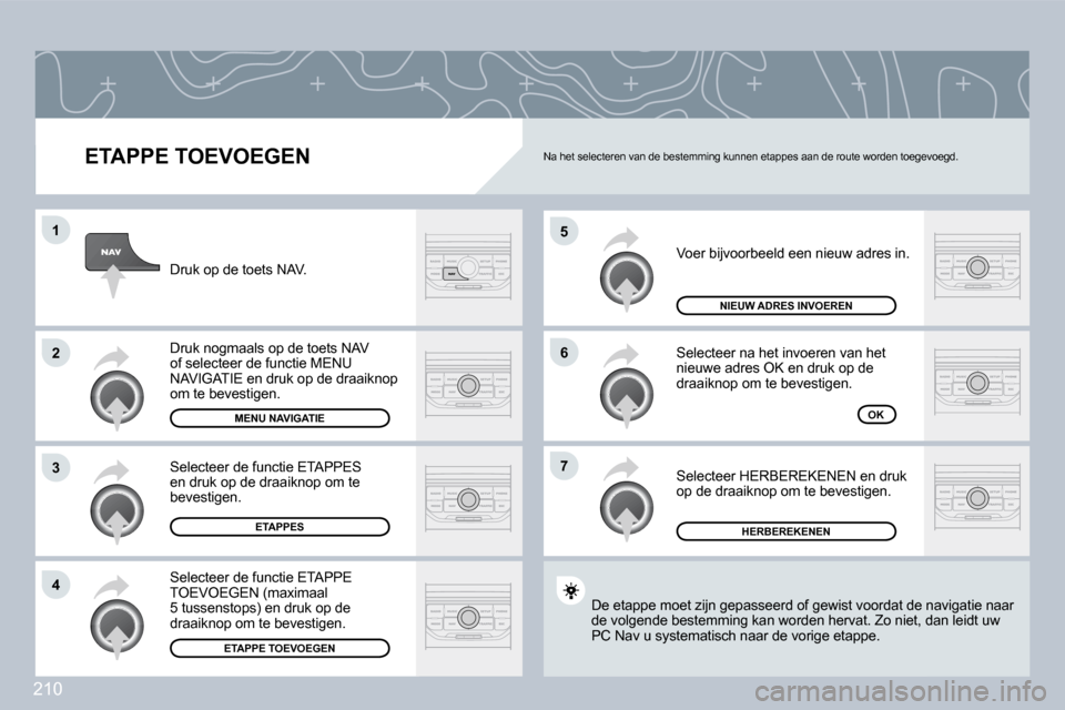 Peugeot 308 CC 2009  Handleiding (in Dutch) 210
�5
�6
�7
�1
�2
�3
�4
� � �E�T�A�P�P�E� �T�O�E�V�O�E�G�E�N� 
 Voer bijvoorbeeld een nieuw adres in. 
 Selecteer na het invoeren van het nieuwe adres OK en druk op de draaiknop om te bevestigen. 
 S