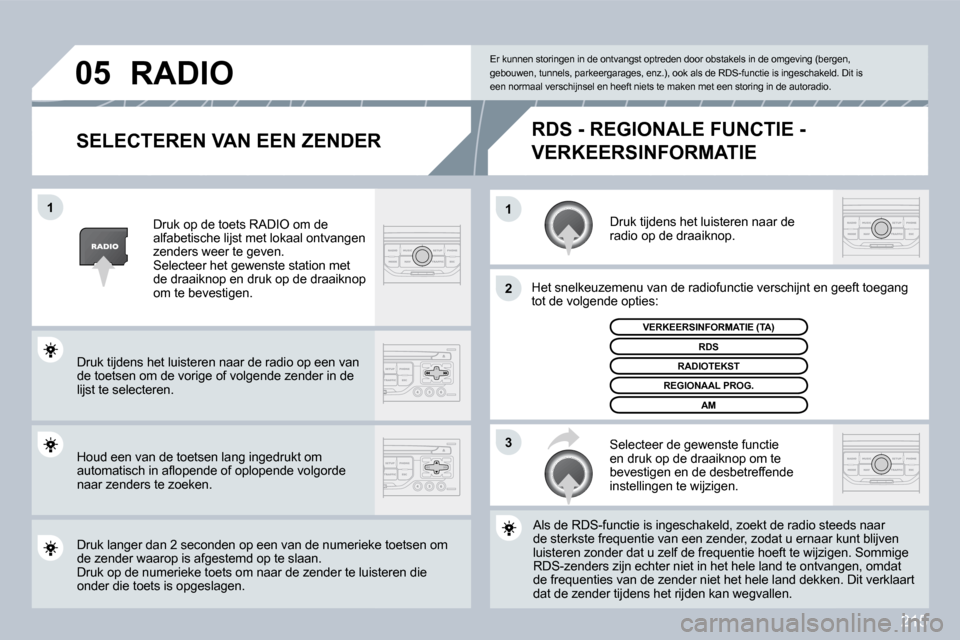 Peugeot 308 CC 2009  Handleiding (in Dutch) 215
�1�1
�2
�3
�0�5
� � �S�E�L�E�C�T�E�R�E�N� �V�A�N� �E�E�N� �Z�E�N�D�E�R� 
 Druk tijdens het luisteren naar de radio op de draaiknop. 
 Het snelkeuzemenu van de radiofunctie verschijnt en ge en geef