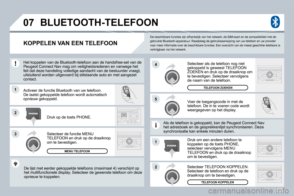 Peugeot 308 CC 2009  Handleiding (in Dutch) 219
�0�7
�1
�3
�5
�4
�2
�1
�2
 De beschikbare functies zijn afhankelijk van het netwerk, de SIM-kaart en de compatibiliteit met de gebruikte Bluetooth-apparatuur. Raadpleeg de gebrui ksaanwijzing van 