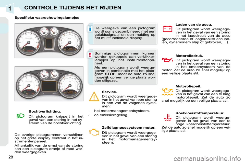 Peugeot 308 CC 2009  Handleiding (in Dutch) 1
i
!
28
CONTROLE TIJDENS HET RIJDEN
 De  weergave  van  een  pictogram  
wordt soms gecombineerd met een 
geluidssignaal  en  een  melding  op 
het multifunctionele display. 
� � � �S�p�e�c�i�ﬁ� �e