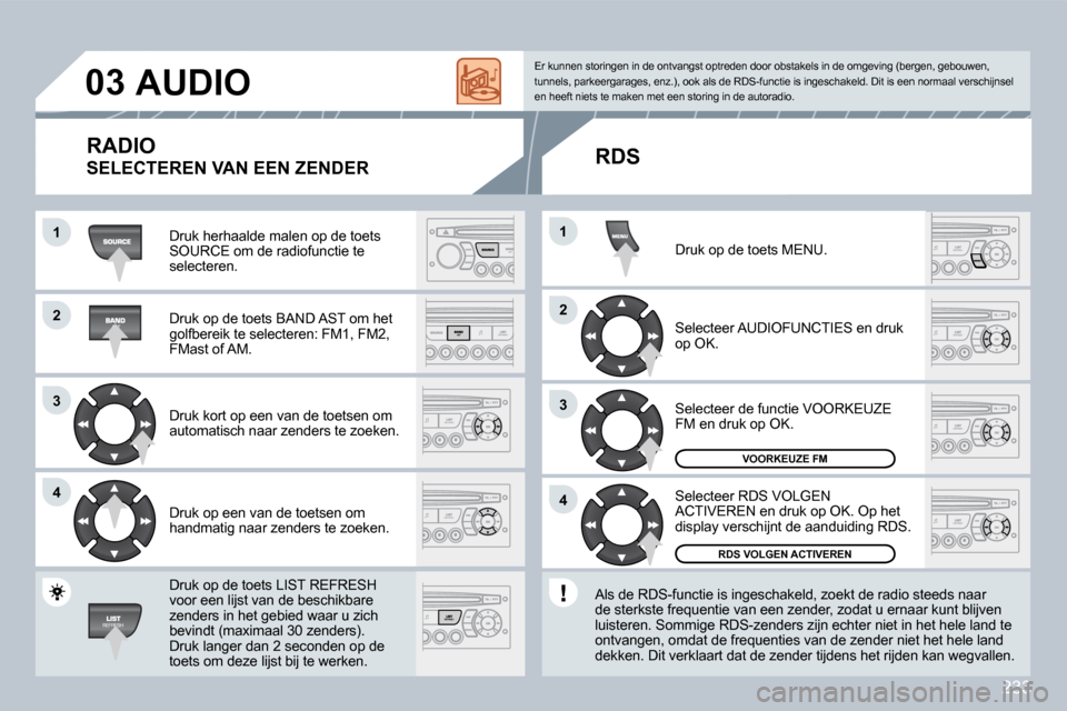 Peugeot 308 CC 2009  Handleiding (in Dutch) 233
11
22
33
44
22
44
33
11
03           AUDIO   
 Druk herhaalde malen op de toets SOURCE om de radiofunctie te selecteren. 
 Druk op de toets BAND AST om het golfbereik te selecteren: FM1, FM2, FMas