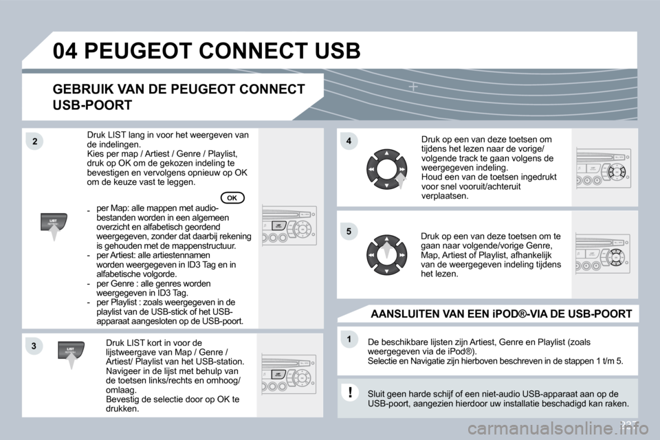Peugeot 308 CC 2009  Handleiding (in Dutch) 237
33
04
44
11
55
22
 PEUGEOT CONNECT USB 
  GEBRUIK VAN DE PEUGEOT CONNECT 
USB-POORT 
  Druk LIST kort in voor de lijstweergave van Map / Genre / Artiest/ Playlist van het USB-station.  Navigeer in