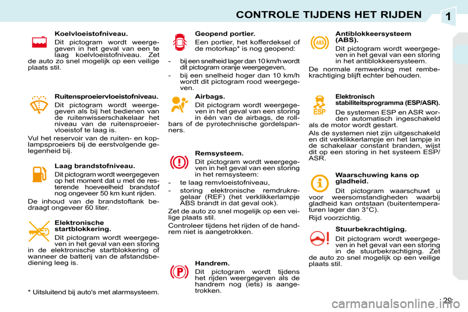 Peugeot 308 CC 2009  Handleiding (in Dutch) 1
29
CONTROLE TIJDENS HET RIJDEN
  Airbags.  
 Dit  pictogram  wordt  weergege- 
ven in het geval van een storing 
in  één  van  de  airbags,  de  roll-
bars  of  de  pyrotechnische  gordelspan-
ner