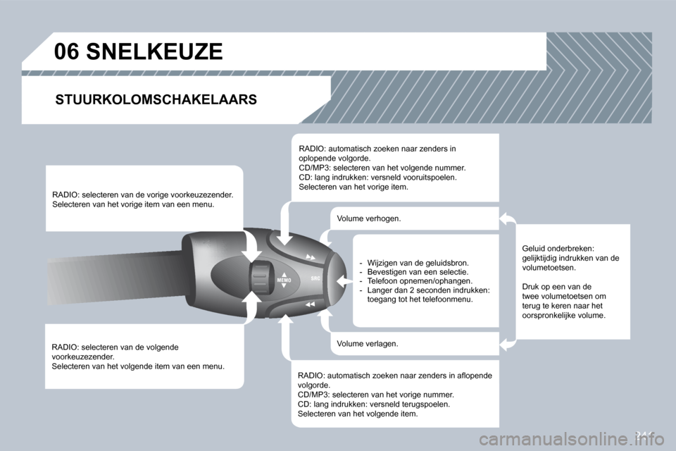 Peugeot 308 CC 2009  Handleiding (in Dutch) 241
06       SNELKEUZE 
  STUURKOLOMSCHAKELAARS 
 RADIO: selecteren van de volgende voorkeuzezender.  Selecteren van het volgende item van een menu.  
 RADIO: selecteren van de vorige voorkeuzezender.
