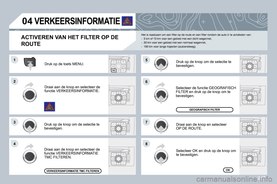 Peugeot 308 CC 2009  Handleiding (in Dutch) 257
MENU
ESC
MENU LIST
ESC
MENU LIST
ESC
MENU LIST
ESC
MENU LIST
ESC
MENU LISTESC
MENU LIST
ESC
MENU LIST
�0�4
�1�1
�2�2
�3�3
�4�4
�6�6
�8�8
�7�7
�5�5
� � �A�C�T�I�V�E�R�E�N� �V�A�N� �H�E�T� �F�I�L�T�
