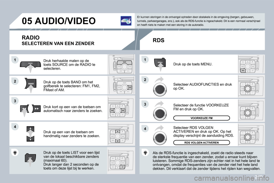 Peugeot 308 CC 2009  Handleiding (in Dutch) 259
MENU
ESC
MENU LIST
ESC
MENU LIST
ESC
MENU LIST
�0�5
�1�1
�2�2
�3�3
�4�4
�2�2
�4�4
�3�3
�1�1
� � � � � �A�U�D�I�O�/�V�I�D�E�O� 
� �R�A�D�I�O� 
� �S�E�L�E�C�T�E�R�E�N� �V�A�N� �E�E�N� �Z�E�N�D�E�R� 