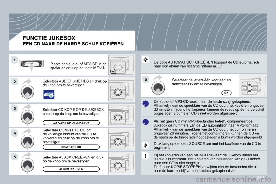Peugeot 308 CC 2009  Handleiding (in Dutch) 261
ESC
MENU LIST
ESC
MENU LIST
ESC
MENU LIST
ESC
MENU LIST
ESC
MENU LIST
�1�1
�2�2
�3�3
�5�5
�6�6
�4�4
�C�D�-�K�O�P�I�E� �O�P� �D�E� �J�U�K�E�B�O�X
�C�O�M�P�L�E�T�E� �C�D
�A�L�B�U�M� �C�R�E�Ë�R�E�N
