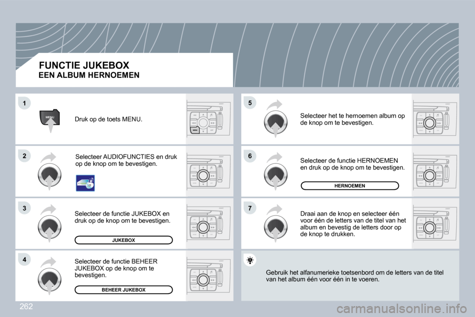 Peugeot 308 CC 2009  Handleiding (in Dutch) 262
ESC
MENU LIST
ESC
MENU LIST
MENU
ESC
MENU LIST
ESC
MENU LIST
ESC
MENU LIST
ESC
MENU LIST
ESC
MENU LIST
�1�1
�2�2
�3�3
�4�4
�6�6
�7�7
�5�5
�J�U�K�E�B�O�X
�H�E�R�N�O�E�M�E�N
�B�E�H�E�E�R� �J�U�K�E�B