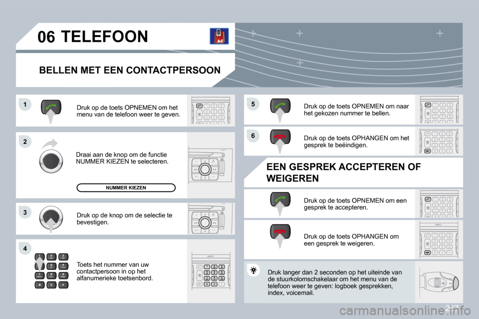 Peugeot 308 CC 2009  Handleiding (in Dutch) 267
ESC
MENU LIST
ESC
MENU LIST
�0�6
�1�1
�2�2
�3�3
�4�4
�6�6
�5�5
� �T�E�L�E�F�O�O�N� 
� � �B�E�L�L�E�N� �M�E�T� �E�E�N� �C�O�N�T�A�C�T�P�E�R�S�O�O�N� 
 Draai aan de knop om de functie NUMMER KIEZEN 