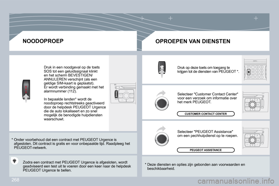 Peugeot 308 CC 2009  Handleiding (in Dutch) 268
S
O SSOU R CE
MODE B AND TP T
A Y
DARK
ESC
MENU LIST
ESC
MENU LIST
� � � � � � � � �N�O�O�D�O�P�R�O�E�P� 
  *    Onder voorbehoud dat een contract met PEUGEO T Urgence is afgesloten. Dit contract 