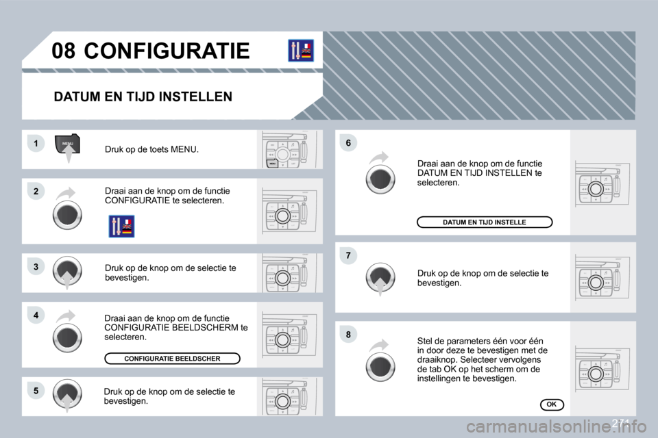Peugeot 308 CC 2009  Handleiding (in Dutch) 271
ESC
MENU LIST
ESC
MENU LIST
ESC
MENU LIST
ESC
MENU LIST
MENU
ESC
MENU LIST
ESC
MENU LIST
ESC
MENU LIST
�0�8
�1�1
�2�2
�3�3
�4�4
�7�7
�8�8
�6�6
�5�5
� � � � � � � �C�O�N�F�I�G�U�R�A�T�I�E� 
� � �D�