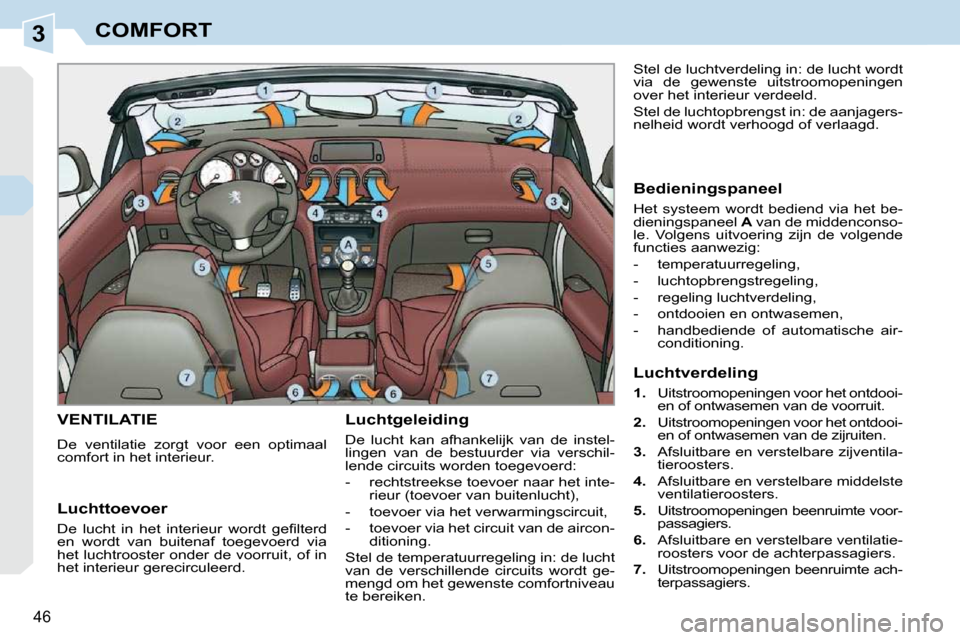 Peugeot 308 CC 2009  Handleiding (in Dutch) 3
46
COMFORT
       VENTILATIE 
 De  ventilatie  zorgt  voor  een  optimaal  
comfort in het interieur.   Luchtgeleiding  
 De  lucht  kan  afhankelijk  van  de  instel- 
lingen  van  de  bestuurder  
