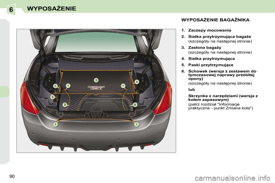 Peugeot 308 CC 2009  Instrukcja Obsługi (in Polish) 6
�9�0
�W�Y�P�O�S�AF�E�N�I�E
� � � � � � � � � � � �W�Y�P�O�S�AF�E�N�I�E� �B�A�G�AF�N�I�K�A� 
   
1.     �Z�a�c�z�e�p�y� �m�o�c�o�w�a�n�i�a�   
  
2.     �S�i�a�t�k�a� �p�r�z�y�t�r�z�y�m�u�j"�c�a�