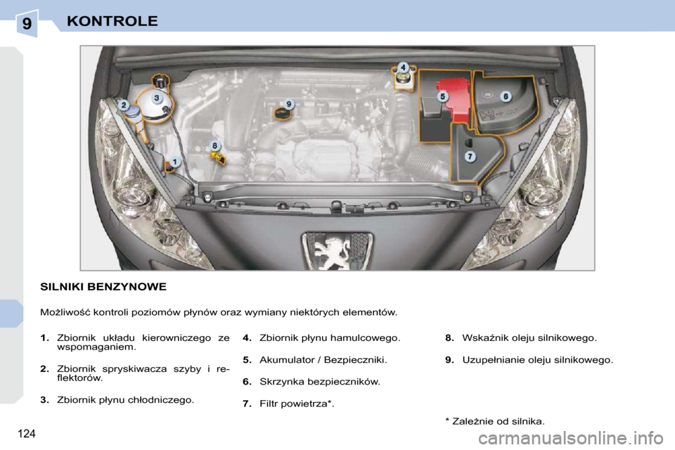 Peugeot 308 CC 2009  Instrukcja Obsługi (in Polish) 9
124
KONTROLE
           SILNIKI BENZYNOWE 
� �M�oG�l�i�w�o;�ć� �k�o�n�t�r�o�l�i� �p�o�z�i�o�m�ó�w� �p�ł�y�n�ó�w� �o�r�a�z� �w�y�m�i�a�n�y� �n�i�e�k�t�ó�r�y�c�h� �e�l�e�m�e�n�t�ó�w�.� 
   
1.