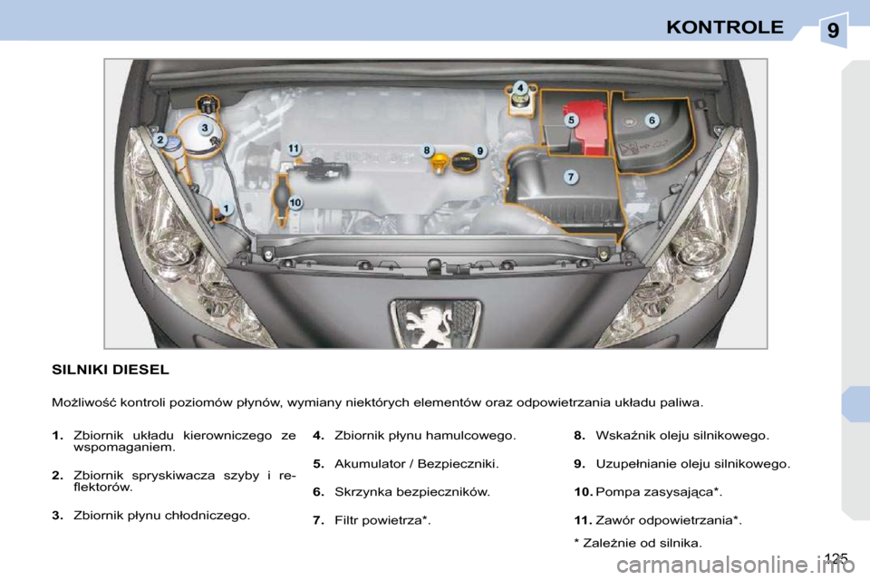 Peugeot 308 CC 2009  Instrukcja Obsługi (in Polish) 9
125
KONTROLE
� � � � � � � � � � � �S�I�L�N�I�K�I� �D�I�E�S�E�L� 
� �M�oG�l�i�w�o;�ć� �k�o�n�t�r�o�l�i� �p�o�z�i�o�m�ó�w� �p�ł�y�n�ó�w�,� �w�y�m�i�a�n�y� �n�i�e�k�t�ó�r�y�c�h� �e�l�e�m�e�n�t�