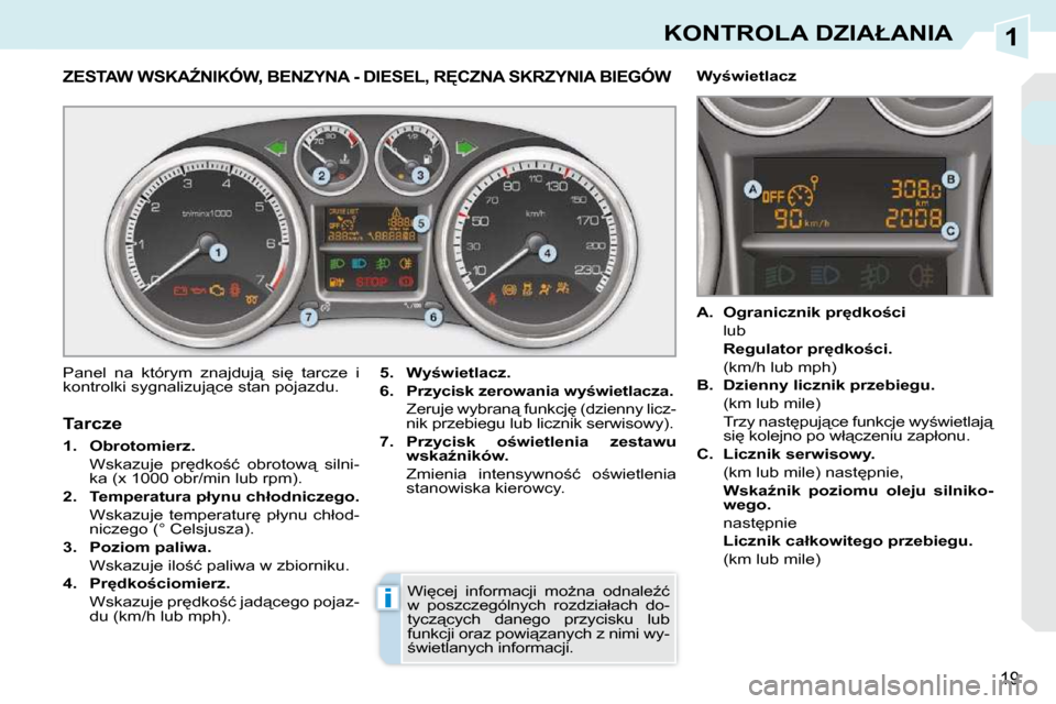 Peugeot 308 CC 2009  Instrukcja Obsługi (in Polish) 1
i
19
�K�O�N�T�R�O�L�A� �D�Z�I�A�Ł�A�N�I�A
� � � � � � � � � � � � � �Z�E�S�T�A�W� �W�S�K�AD�N�I�K�Ó�W�,� �B�E�N�Z�Y�N�A� �-� �D�I�E�S�E�L�,� �R&�C�Z�N�A� �S�K�R�Z�Y�N�I�A� �B�I�E�G�Ó�W� 
� �P�a
