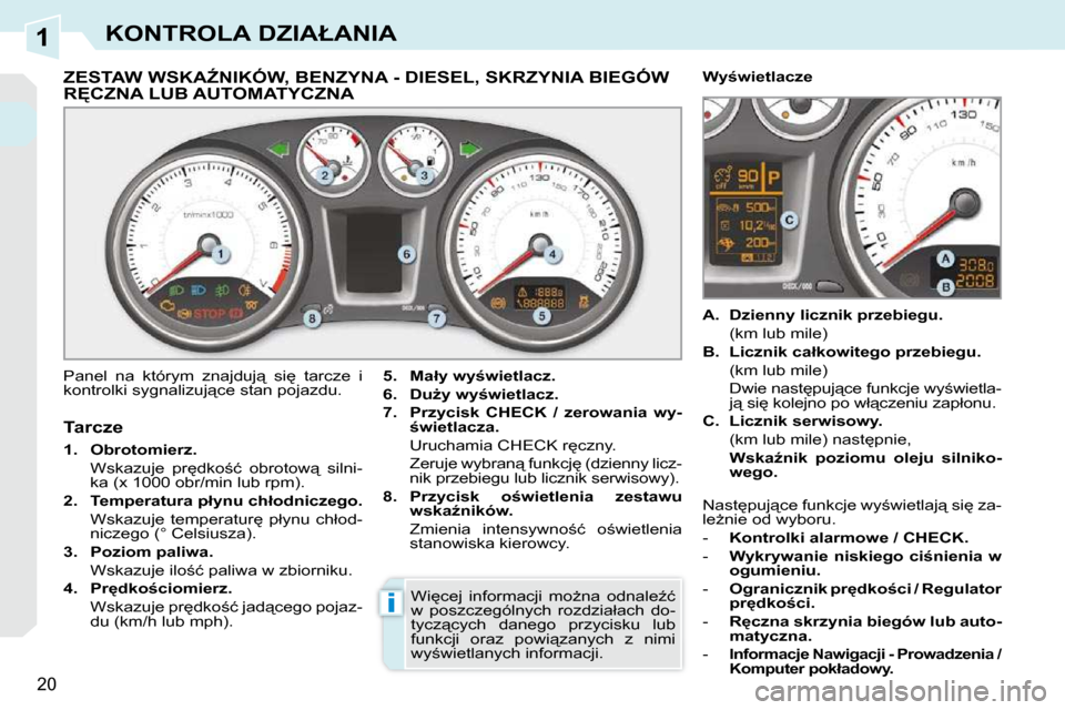 Peugeot 308 CC 2009  Instrukcja Obsługi (in Polish) 1
i
�2�0
�K�O�N�T�R�O�L�A� �D�Z�I�A�Ł�A�N�I�A
� � � � � � � � � � � � � �Z�E�S�T�A�W� �W�S�K�AD�N�I�K�Ó�W�,� �B�E�N�Z�Y�N�A� �-� �D�I�E�S�E�L�,� �S�K�R�Z�Y�N�I�A� �B�I�E�G�Ó�W� �R&�C�Z�N�A� �L�U�