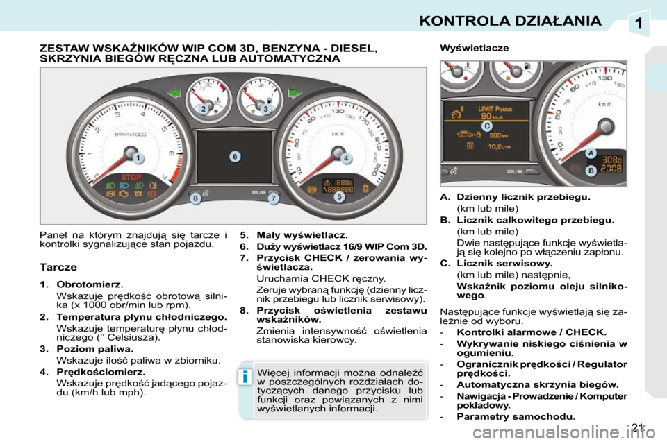 Peugeot 308 CC 2009  Instrukcja Obsługi (in Polish) 1
i
21
�K�O�N�T�R�O�L�A� �D�Z�I�A�Ł�A�N�I�A
� � � � � � � � � � � � � �Z�E�S�T�A�W� �W�S�K�AD�N�I�K�Ó�W� �W�I�P� �C�O�M� �3�D�,� �B�E�N�Z�Y�N�A� �-� �D�I�E�S�E�L�,� �S�K�R�Z�Y�N�I�A� �B�I�E�G�Ó�W�