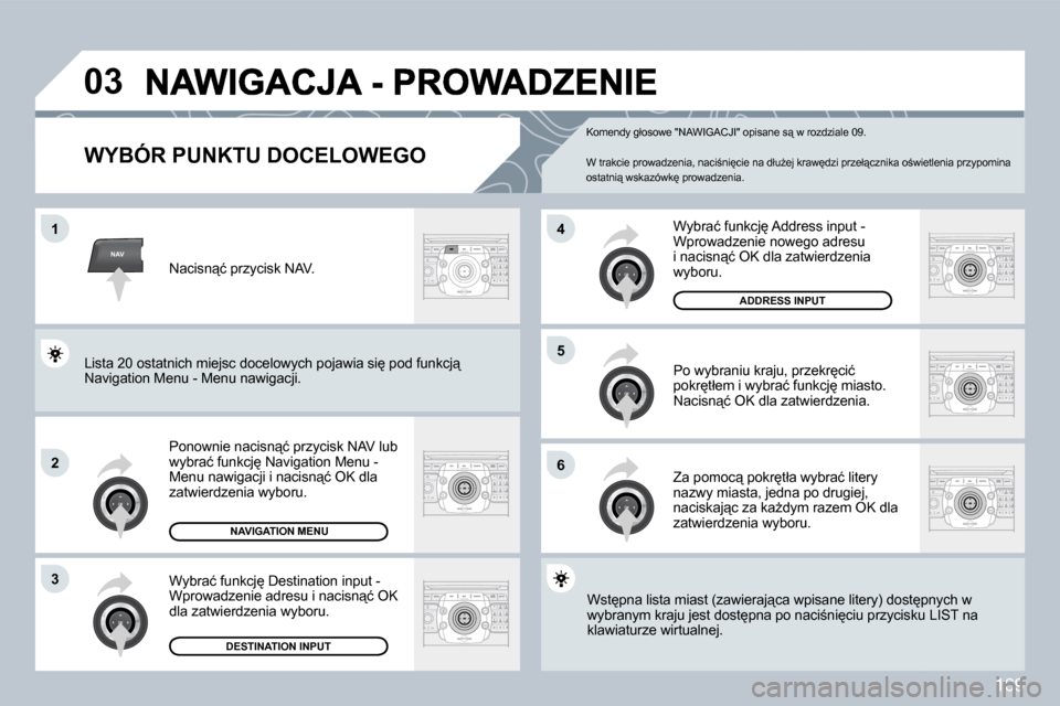 Peugeot 308 CC 2009  Instrukcja Obsługi (in Polish) 169
NAV
�0�3
�1
�2
3
�6
�5
�4
� � �W�Y�B�Ó�R� �P�U�N�K�T�U� �D�O�C�E�L�O�W�E�G�O� 
� �P�o�n�o�w�n�i�e� �n�a�c�i�s�n"�ć� �p�r�z�y�c�i�s�k� �N�A�V� �l�u�b� �w�y�b�r�a�ć� �f�u�n�k�c�j
� �N�a�v�i�g�a