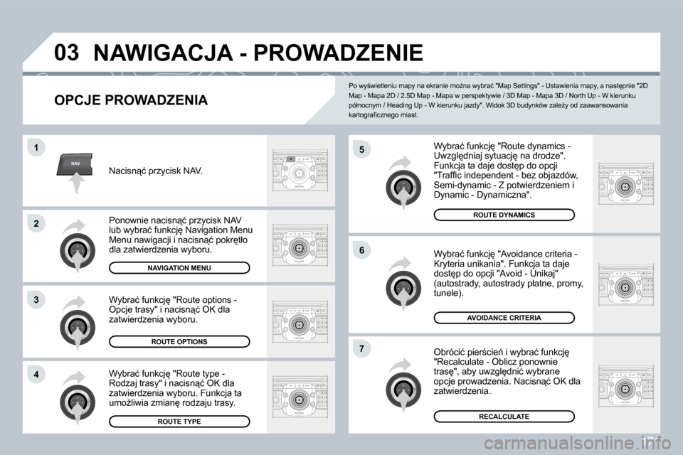 Peugeot 308 CC 2009  Instrukcja Obsługi (in Polish) 171
NAV
�0�3
�5
�6
�7
�1
�2
3
�4
� �N�A�W�I�G�A�C�J�A� �-� �P�R�O�W�A�D�Z�E�N�I�E� 
� � �O�P�C�J�E� �P�R�O�W�A�D�Z�E�N�I�A� 
� �W�y�b�r�a�ć� �f�u�n�k�c�j
� �"�R�o�u�t�e� �d�y�n�a�m�i�c�s� �-� �U�w�z