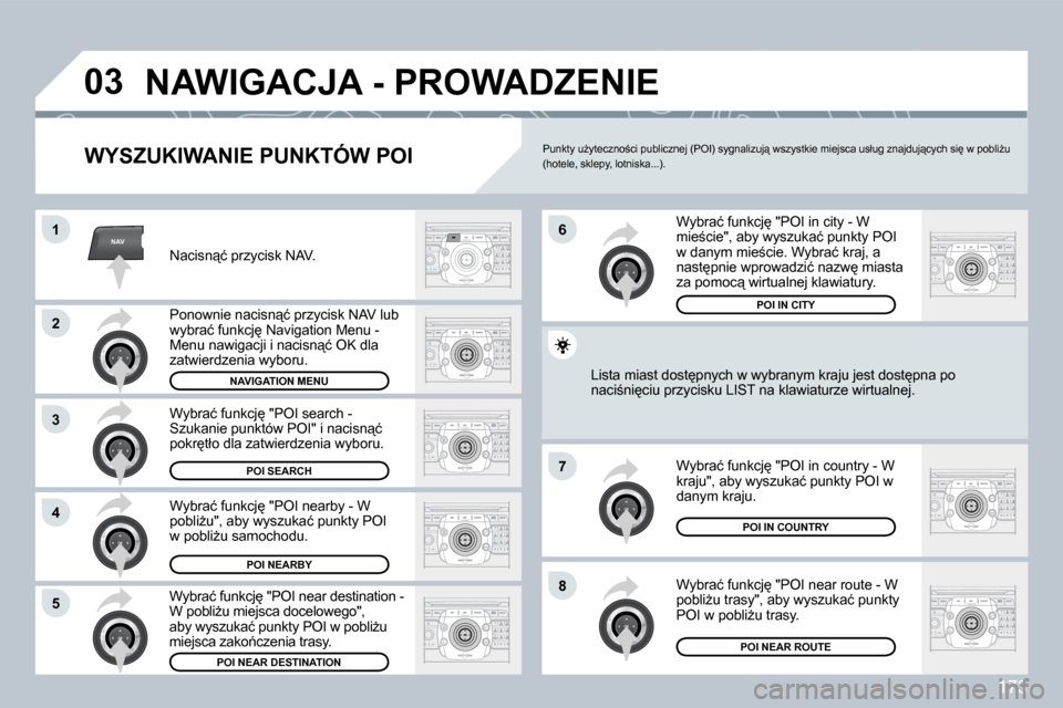 Peugeot 308 CC 2009  Instrukcja Obsługi (in Polish) 173
NAV
�0�3
�1
�2
3
�4
�7
�8�5
�6
� �N�A�W�I�G�A�C�J�A� �-� �P�R�O�W�A�D�Z�E�N�I�E� 
� � �W�Y�S�Z�U�K�I�W�A�N�I�E� �P�U�N�K�T�Ó�W� �P�O�I� 
� �N�a�c�i�s�n"�ć� �p�r�z�y�c�i�s�k� �N�A�V�.
� � �P�o�n