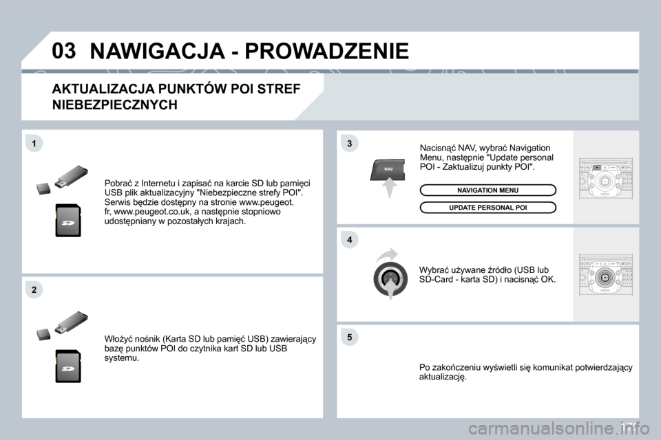 Peugeot 308 CC 2009  Instrukcja Obsługi (in Polish) 175
�0�3
�5
3
�4
�2
NAV
�1
� �P�o�b�r�a�ć� �z� �I�n�t�e�r�n�e�t�u� �i� �z�a�p�i�s�a�ć� �n�a� �k�a�r�c�i�e� �S�D� �l�u�b� �p�a�m�i
�c�i� �U�S�B� �p�l�i�k� �a�k�t�u�a�l�i�z�a�c�y�j�n�y� �"�N�i�e�b�e�