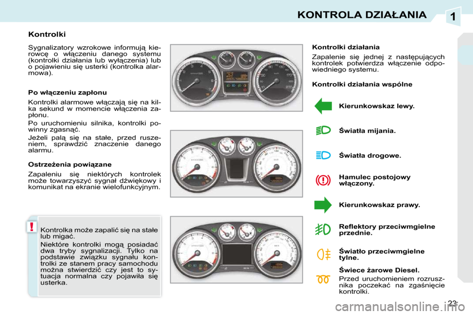 Peugeot 308 CC 2009  Instrukcja Obsługi (in Polish) 1
!
23
�K�O�N�T�R�O�L�A� �D�Z�I�A�Ł�A�N�I�A
� �K�o�n�t�r�o�l�k�a� �m�oG�e� �z�a�p�a�l�i�ć� �s�i
� �n�a� �s�t�a�ł�e�  
�l�u�b� �m�i�g�a�ć�.�  
� �N�i�e�k�t�ó�r�e�  �k�o�n�t�r�o�l�k�i�  �m�o�g"�