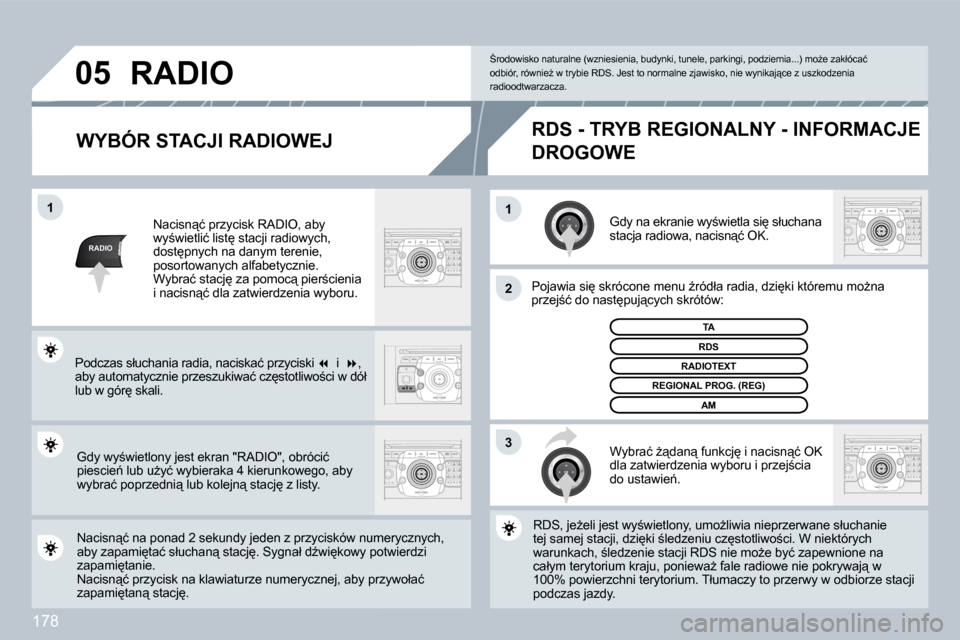 Peugeot 308 CC 2009  Instrukcja Obsługi (in Polish) 178
RADIO
�1�1
�2
3
�0�5
� � �W�Y�B�Ó�R� �S�T�A�C�J�I� �R�A�D�I�O�W�E�J� 
� �G�d�y� �n�a� �e�k�r�a�n�i�e� �w�y;�w�i�e�t�l�a� �s�i
� �s�ł�u�c�h�a�n�a� �s�t�a�c�j�a� �r�a�d�i�o�w�a�,� �n�a�c�i�s�n"