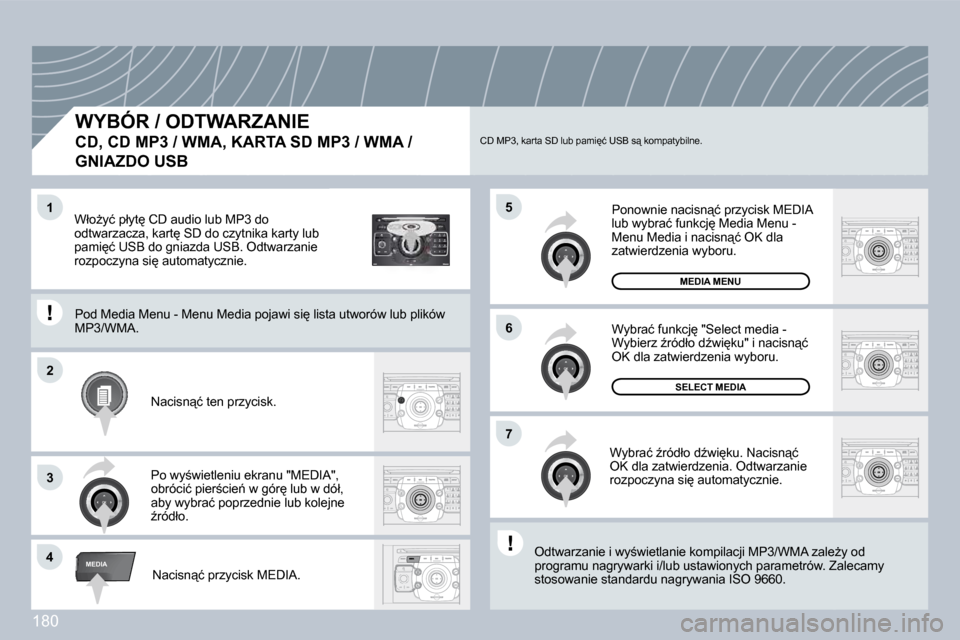 Peugeot 308 CC 2009  Instrukcja Obsługi (in Polish) �1�8�0
2
ABC 3
DEF
5
JKL
4
GHI 6
MNO
8
TUV
7
PQRS 9
WXYZ
0
* #
1
RADIO MEDIA
NAV ESC TRAFFIC
SETUP
ADDR BOOK
�4
�5
�6
�2
�7
3
�1
MEDIA
� � �W�Y�B�Ó�R� �/� �O�D�T�W�A�R�Z�A�N�I�E� � 
�C�D�,� �C�D� �M�