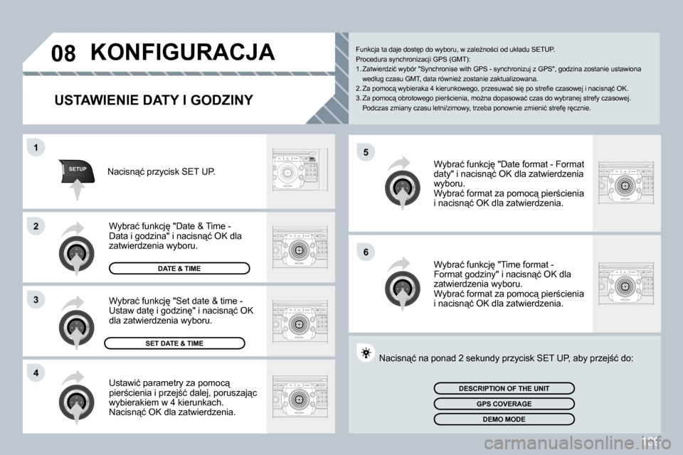 Peugeot 308 CC 2009  Instrukcja Obsługi (in Polish) 189
�5
�6
SETUP
�1
�2
3
�4
�0�8� � � � � � � � � � � �K�O�N�F�I�G�U�R�A�C�J�A� 
  USTAWIENIE DATY I GODZINY 
� �U�s�t�a�w�i�ć� �p�a�r�a�m�e�t�r�y� �z�a� �p�o�m�o�c"� �p�i�e�r;�c�i�e�n�i�a� �i� �p�r
