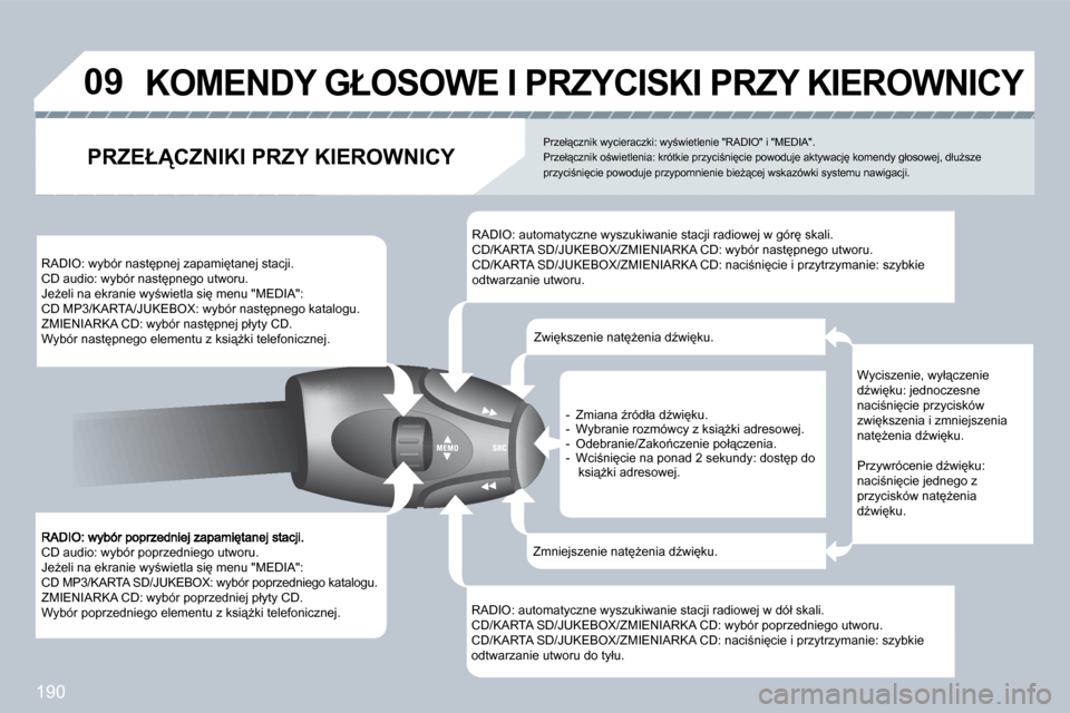 Peugeot 308 CC 2009  Instrukcja Obsługi (in Polish) �1�9�0
�0�9
� �C�D� �a�u�d�i�o�:� �w�y�b�ó�r� �p�o�p�r�z�e�d�n�i�e�g�o� �u�t�w�o�r�u�.� � �J�eG�e�l�i� �n�a� �e�k�r�a�n�i�e� �w�y;�w�i�e�t�l�a� �s�i
� �m�e�n�u� �"�M�E�D�I�A�"�:� � �C�D� �M�P�3�/�