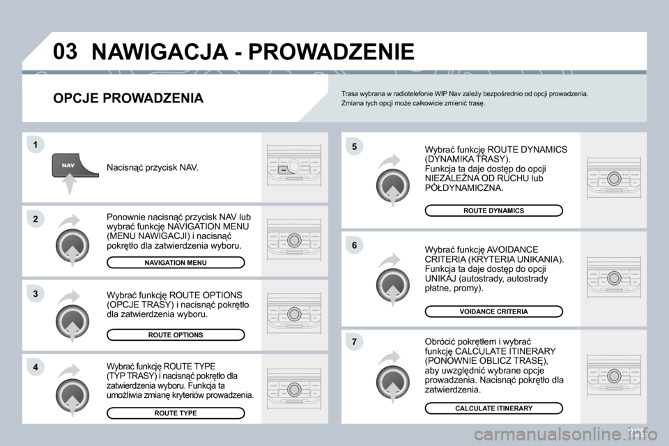 Peugeot 308 CC 2009  Instrukcja Obsługi (in Polish) 209
�0�3
�5
�6
�7
�1
�2
�3
�4
� �N�A�W�I�G�A�C�J�A� �-� �P�R�O�W�A�D�Z�E�N�I�E� 
  OPCJE PROWADZENIA 
� �W�y�b�r�a�ć� �f�u�n�k�c�j
� �R�O�U�T�E� �D�Y�N�A�M�I�C�S� �(�D�Y�N�A�M�I�K�A� �T�R�A�S�Y�)�.�