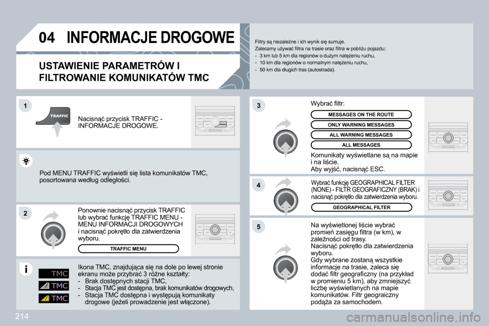 Peugeot 308 CC 2009  Instrukcja Obsługi (in Polish) 214
�0�4
�1
�2
�5
�4
�3
       INFORMACJE DROGOWE 
� � �U�S�T�A�W�I�E�N�I�E� �P�A�R�A�M�E�T�R�Ó�W� �I� 
�F�I�L�T�R�O�W�A�N�I�E� �K�O�M�U�N�I�K�A�T�Ó�W� �T�M�C� 
� �N�a� �w�y;�w�i�e�t�l�o�n�e�j� �l�