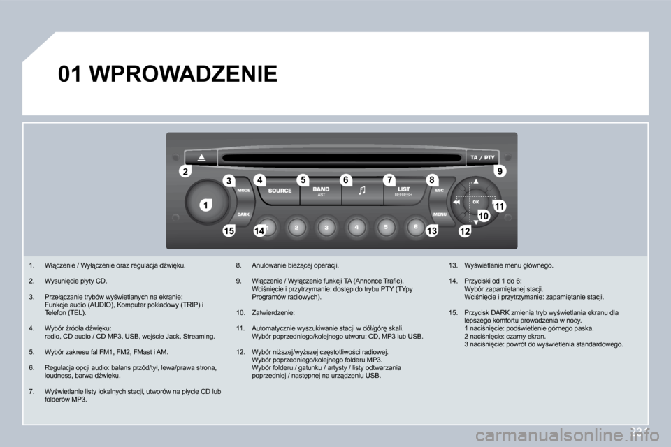 Peugeot 308 CC 2009  Instrukcja Obsługi (in Polish) 231
11
22
10101111
131314141515
334455�6�67788�9�9
1212
01 WPROWADZENIE 
� � � �1�.� �  �W�ł"�c�z�e�n�i�e� �/� �W�y�ł"�c�z�e�n�i�e� �o�r�a�z� �r�e�g�u�l�a�c�j�a� �dE�w�i
�k�u�.� 
� � �2�.� �  �W