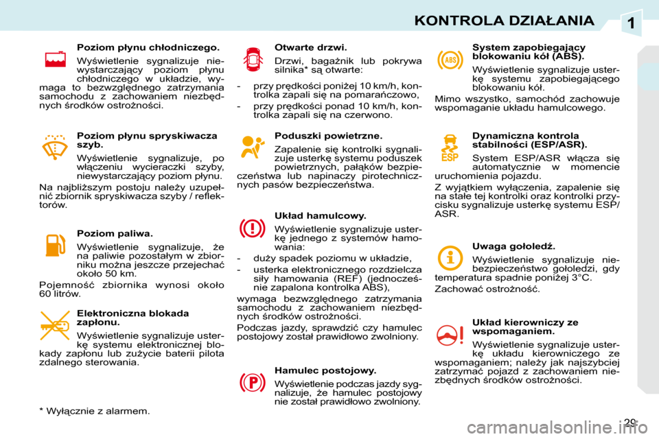 Peugeot 308 CC 2009  Instrukcja Obsługi (in Polish) 1
29
�K�O�N�T�R�O�L�A� �D�Z�I�A�Ł�A�N�I�A
� � �P�o�d�u�s�z�k�i� �p�o�w�i�e�t�r�z�n�e�.�  
� �Z�a�p�a�l�e�n�i�e�  �s�i
�  �k�o�n�t�r�o�l�k�i�  �s�y�g�n�a�l�i�- 
�z�u�j�e� �u�s�t�e�r�k
� �s�y�s�t�e�m