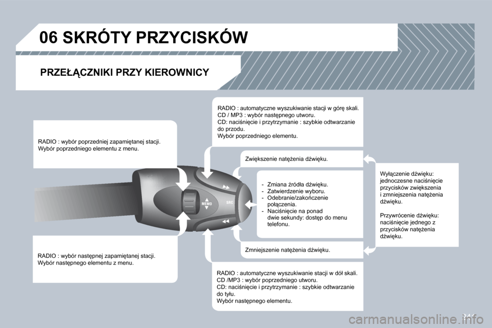 Peugeot 308 CC 2009  Instrukcja Obsługi (in Polish) 241
�0�6� � � � � � � �S�K�R�Ó�T�Y� �P�R�Z�Y�C�I�S�K�Ó�W� 
� � �P�R�Z�E�Ł�C�Z�N�I�K�I� �P�R�Z�Y� �K�I�E�R�O�W�N�I�C�Y� 
� �R�A�D�I�O� �:� �w�y�b�ó�r� �n�a�s�t
�p�n�e�j� �z�a�p�a�m�i
�t�a�n�e�j