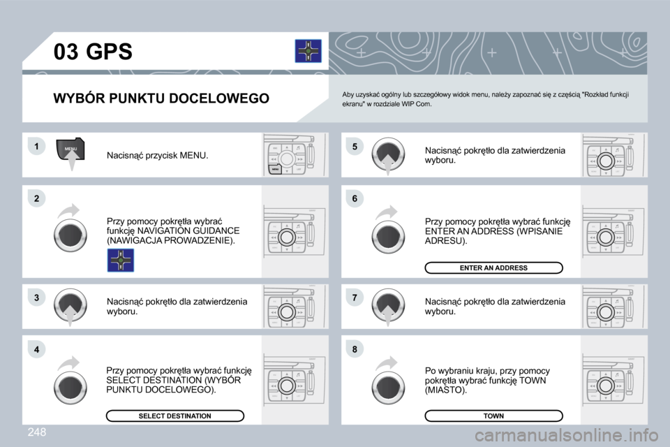 Peugeot 308 CC 2009  Instrukcja Obsługi (in Polish) 248
MENU
ESC
MENU LIST
ESC
MENU LIST
ESC
MENU LIST
ESC
MENU LIST
ESC
MENU LIST
ESC
MENU LIST
ESC
MENU LIST
�0�3
�1�1
�2�2
�3�3
�4�4
�6�6
�8�8
�7�7
�5�5� �N�a�c�i�s�n"�ć� �p�r�z�y�c�i�s�k� �M�E�N�U�.