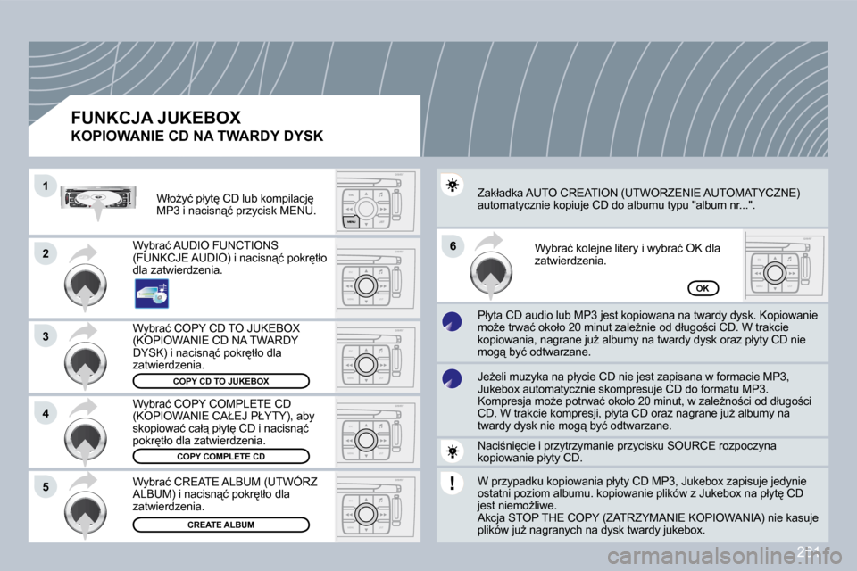 Peugeot 308 CC 2009  Instrukcja Obsługi (in Polish) 261
ESC
MENU LIST
ESC
MENU LIST
ESC
MENU LIST
ESC
MENU LIST
ESC
MENU LIST
�1�1
�2�2
�3�3
�5�5
�6�6
�4�4
�C�O�P�Y� �C�D� �T�O� �J�U�K�E�B�O�X
�C�O�P�Y� �C�O�M�P�L�E�T�E� �C�D
�C�R�E�A�T�E� �A�L�B�U�M
�