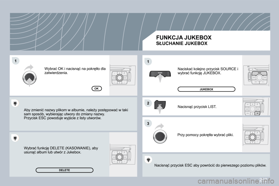 Peugeot 308 CC 2009  Instrukcja Obsługi (in Polish) 263
ESC
MENU LIST
ESC
MENU LIST
ESC
MENU LIST
�1�1
�2�2
�3�3
�1�1
�D�E�L�E�T�E
�O�K
� �N�a�c�i�s�k�a�ć� �k�o�l�e�j�n�o� �p�r�z�y�c�i�s�k� �S�O�U�R�C�E� �i� �w�y�b�r�a�ć� �f�u�n�k�c�j
� �J�U�K�E�B�O
