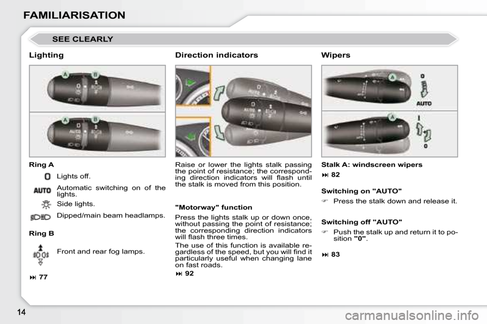 Peugeot 308 CC 2008.5  Owners Manual FAMILIARISATION
 SEE CLEARLY 
  Lighting  
  Ring A  
  Ring B  Raise  or  lower  the  lights  stalk  passing  
the point of resistance; the correspond-
�i�n�g�  �d�i�r�e�c�t�i�o�n�  �i�n�d�i�c�a�t�o�