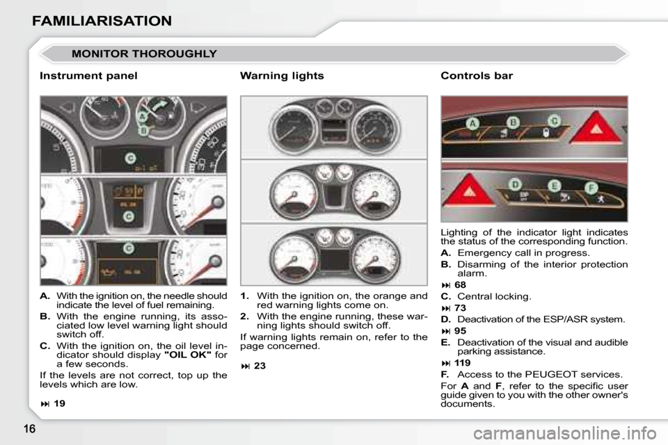 Peugeot 308 CC 2008.5  Owners Manual FAMILIARISATION
 MONITOR THOROUGHLY 
  Instrument panel   Controls bar 
   
A.    With the ignition on, the needle should 
indicate the level of fuel remaining. 
  
B.    With  the  engine  running,  