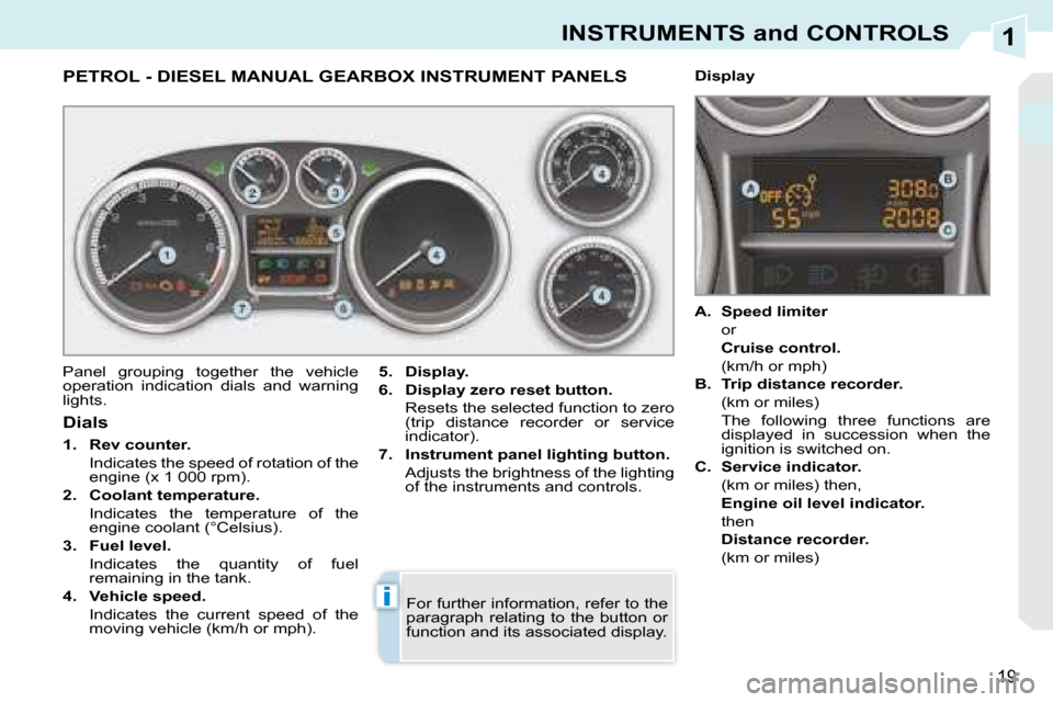 Peugeot 308 CC 2008.5  Owners Manual 1
i
19
INSTRUMENTS and CONTROLS
             PETROL - DIESEL MANUAL GEARBOX INSTRUMENT PANELS 
 Panel  grouping  together  the  vehicle  
operation  indication  dials  and  warning 
lights.   
5.     