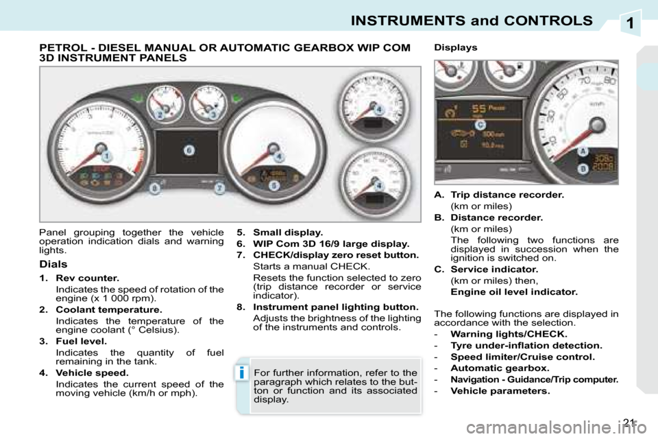 Peugeot 308 CC 2008.5 Owners Manual 1
i
21
INSTRUMENTS and CONTROLS
PETROL - DIESEL MANUAL OR AUTOMATIC GEARBOX WIP COM 3D INSTRUMENT PANELS
Panel grouping together the vehicle
operation indication dials and war Peugeot 308 CC 2008.5 Owners Manual 1
i
21
INSTRUMENTS and CONTROLS
PETROL - DIESEL MANUAL OR AUTOMATIC GEARBOX WIP COM 3D INSTRUMENT PANELS
Panel grouping together the vehicle
operation indication dials and war