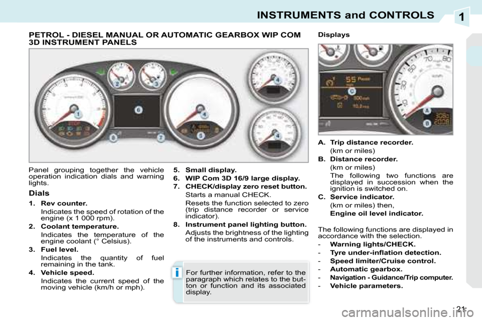 Peugeot 308 CC 2008.5  Owners Manual 1
i
21
INSTRUMENTS and CONTROLS
             PETROL - DIESEL MANUAL OR AUTOMATIC GEARBOX WIP COM 3D INSTRUMENT PANELS 
 Panel  grouping  together  the  vehicle  
operation  indication  dials  and  war